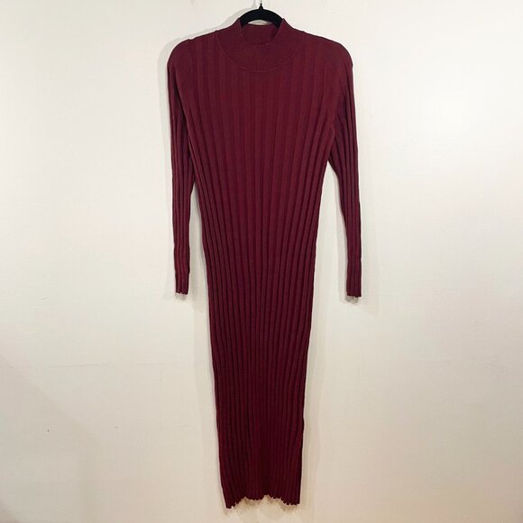 EUC Sezane Katrina Merino Wool Ribbed Mock Neck Midi Dress Burgundy Medium - Picture 3 of 8